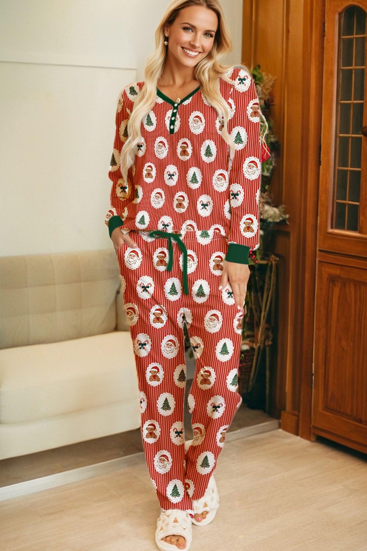 Red Stripe Christmas Fashion Print Henley V Neck Pullover and Jogger Pants 2 Piece Lounge Set