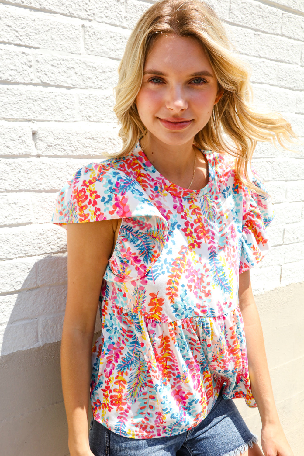 Perfect Find Ivory Floral Leaf Print Short Sleeve Babydoll Top