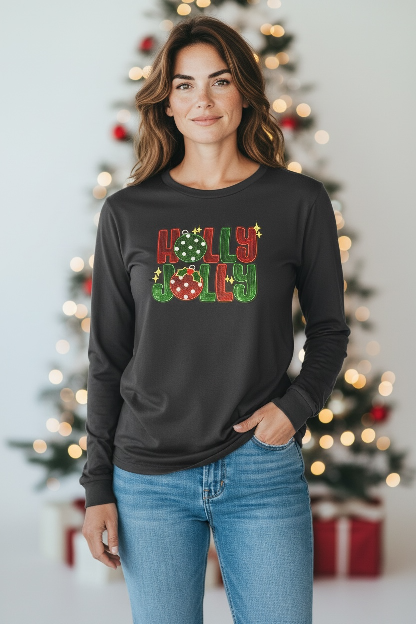 Long Sleeve Black Holly Jolly Top
