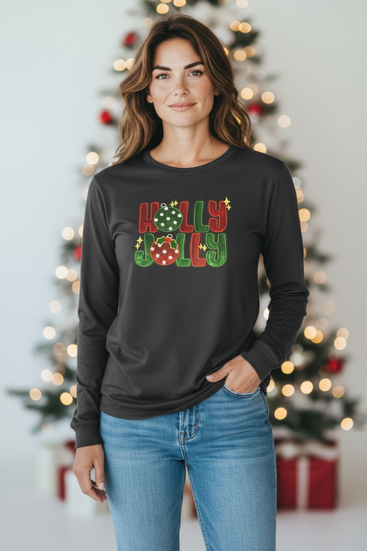 Long Sleeve Black Holly Jolly Top